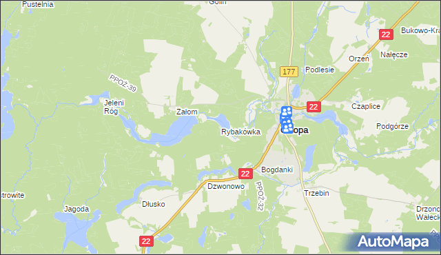 mapa Rybakówka gmina Człopa, Rybakówka gmina Człopa na mapie Targeo