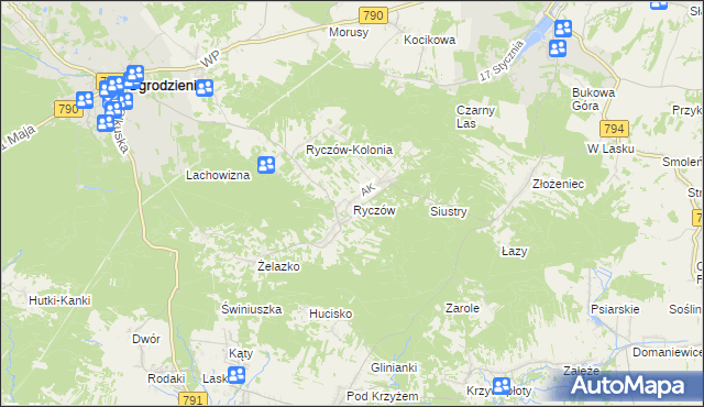 mapa Ryczów gmina Ogrodzieniec, Ryczów gmina Ogrodzieniec na mapie Targeo