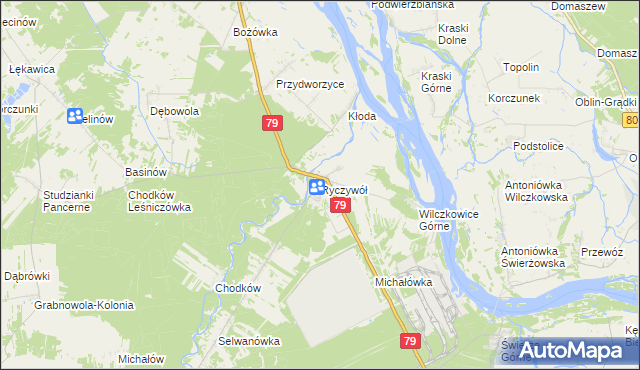 mapa Ryczywół gmina Kozienice, Ryczywół gmina Kozienice na mapie Targeo