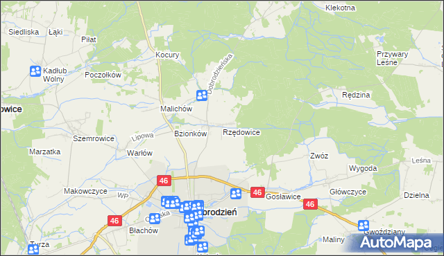 mapa Rzędowice gmina Dobrodzień, Rzędowice gmina Dobrodzień na mapie Targeo