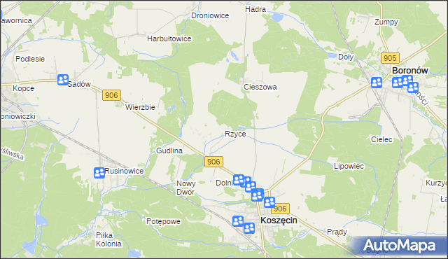 mapa Rzyce, Rzyce na mapie Targeo