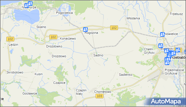 mapa Sadlno gmina Trzebiatów, Sadlno gmina Trzebiatów na mapie Targeo