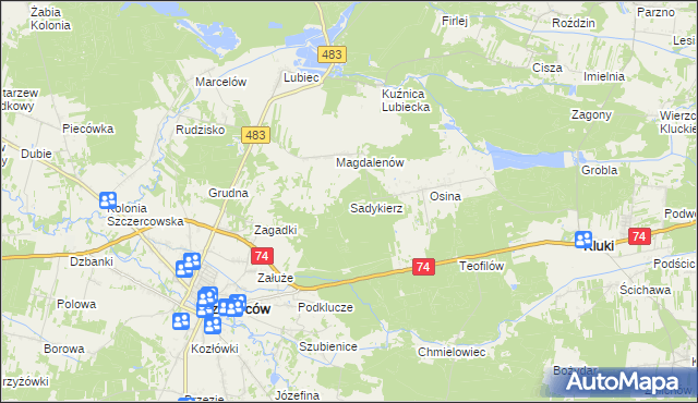 mapa Sadykierz gmina Szczerców, Sadykierz gmina Szczerców na mapie Targeo