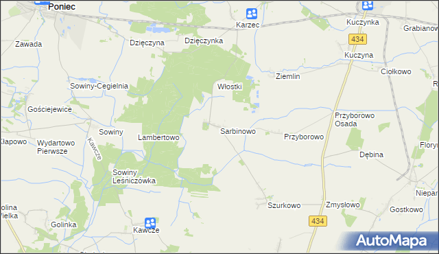 mapa Sarbinowo gmina Poniec, Sarbinowo gmina Poniec na mapie Targeo