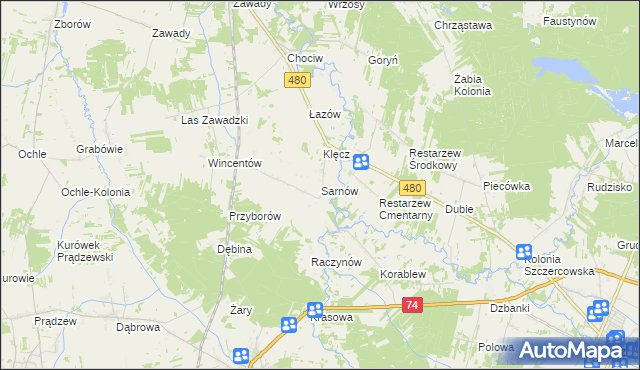 mapa Sarnów gmina Widawa, Sarnów gmina Widawa na mapie Targeo