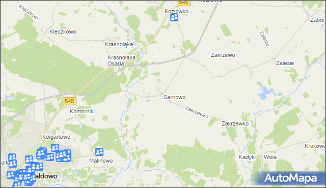 mapa Sarnowo gmina Kozłowo, Sarnowo gmina Kozłowo na mapie Targeo