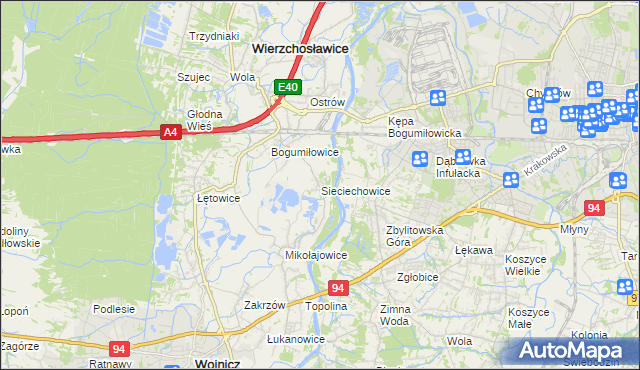 mapa Sieciechowice gmina Wierzchosławice, Sieciechowice gmina Wierzchosławice na mapie Targeo