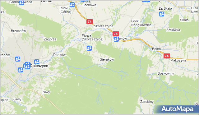 mapa Sieraków gmina Daleszyce, Sieraków gmina Daleszyce na mapie Targeo