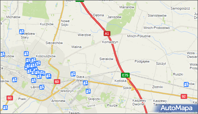 mapa Sieraków gmina Kutno, Sieraków gmina Kutno na mapie Targeo