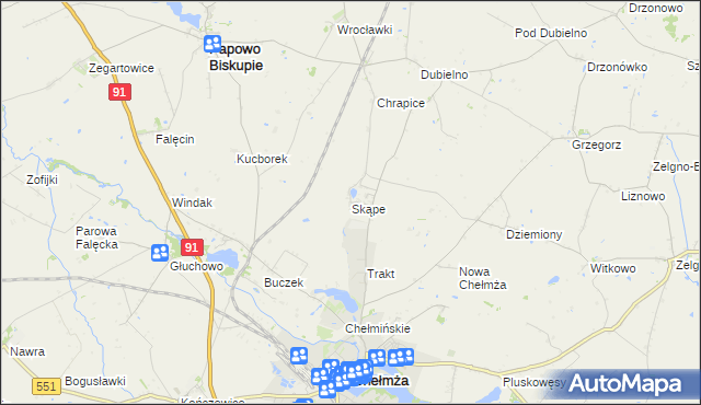 mapa Skąpe gmina Chełmża, Skąpe gmina Chełmża na mapie Targeo