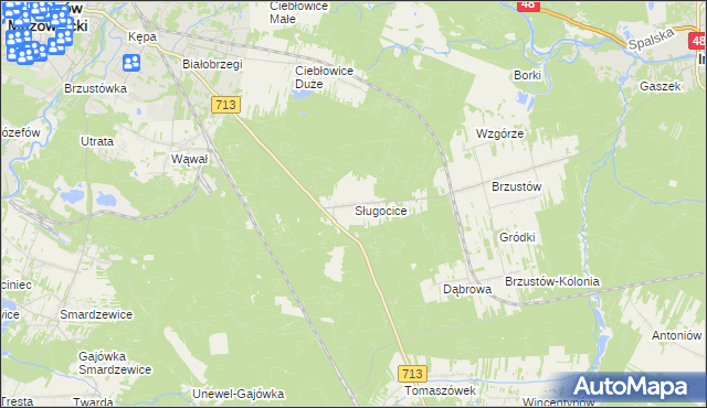 mapa Sługocice gmina Tomaszów Mazowiecki, Sługocice gmina Tomaszów Mazowiecki na mapie Targeo