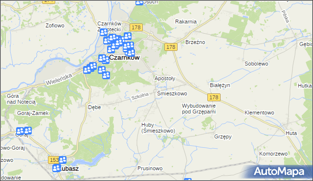 mapa Śmieszkowo gmina Czarnków, Śmieszkowo gmina Czarnków na mapie Targeo