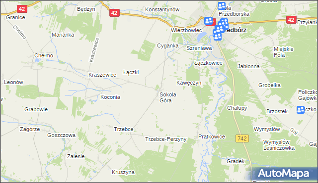 mapa Sokola Góra gmina Wielgomłyny, Sokola Góra gmina Wielgomłyny na mapie Targeo