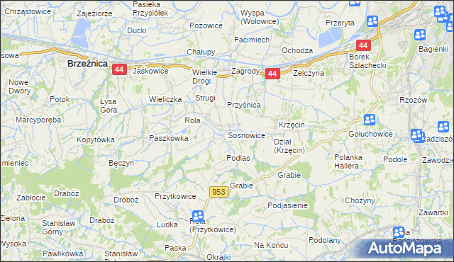 mapa Sosnowice gmina Brzeźnica, Sosnowice gmina Brzeźnica na mapie Targeo