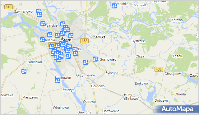 mapa Sosnowiec gmina Śrem, Sosnowiec gmina Śrem na mapie Targeo