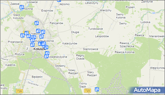 mapa Stamirowice gmina Koluszki, Stamirowice gmina Koluszki na mapie Targeo