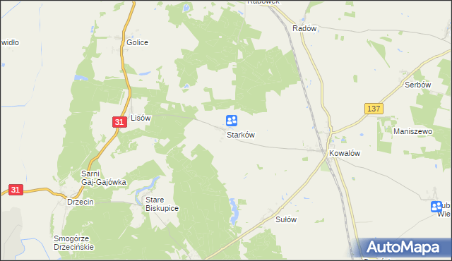 mapa Starków gmina Rzepin, Starków gmina Rzepin na mapie Targeo