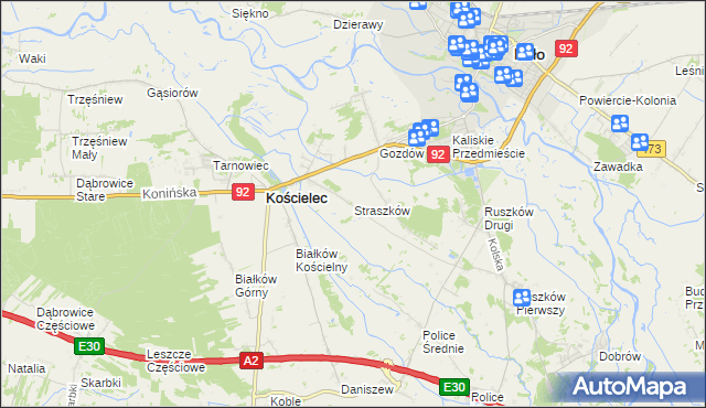 mapa Straszków gmina Kościelec, Straszków gmina Kościelec na mapie Targeo