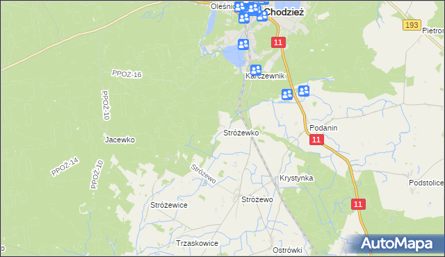 mapa Stróżewko gmina Chodzież, Stróżewko gmina Chodzież na mapie Targeo