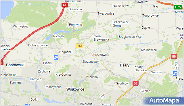 mapa Strzyżowice gmina Psary, Strzyżowice gmina Psary na mapie Targeo