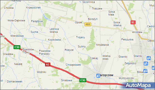 mapa Sulimy gmina Parzęczew, Sulimy gmina Parzęczew na mapie Targeo