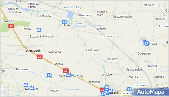 mapa Suliszewice gmina Błaszki, Suliszewice gmina Błaszki na mapie Targeo