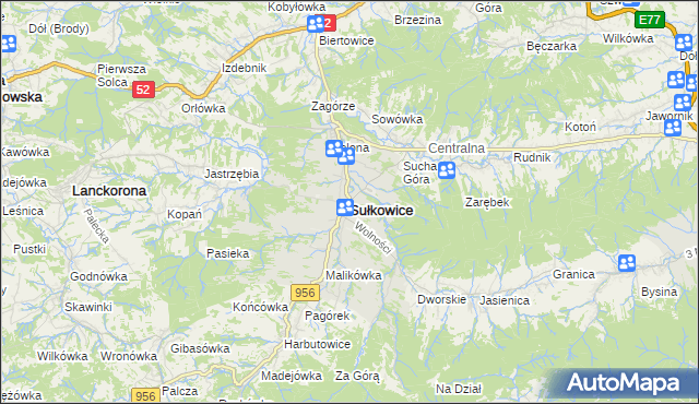 mapa Sułkowice powiat myślenicki, Sułkowice powiat myślenicki na mapie Targeo