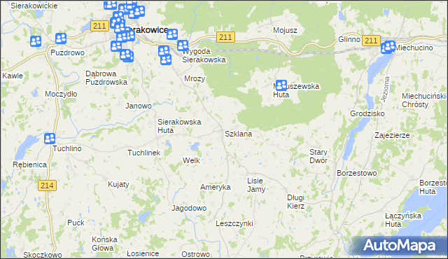 mapa Szklana gmina Sierakowice, Szklana gmina Sierakowice na mapie Targeo