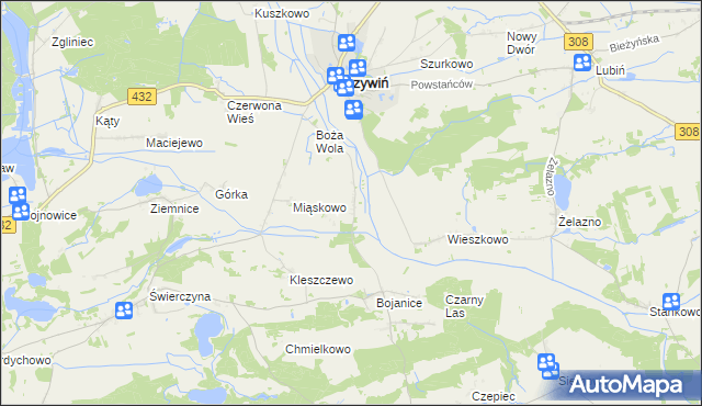 mapa Teklimyśl gmina Krzywiń, Teklimyśl gmina Krzywiń na mapie Targeo