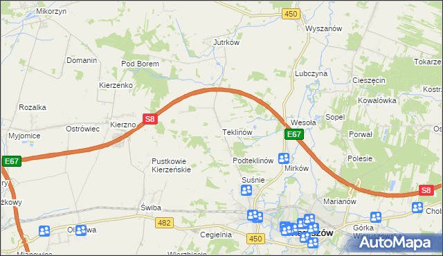 mapa Teklinów gmina Wieruszów, Teklinów gmina Wieruszów na mapie Targeo