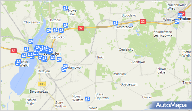 mapa Tłoki gmina Wolsztyn, Tłoki gmina Wolsztyn na mapie Targeo