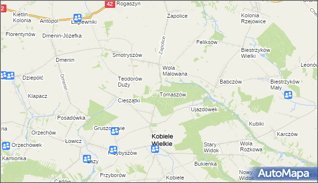 mapa Tomaszów gmina Kobiele Wielkie, Tomaszów gmina Kobiele Wielkie na mapie Targeo