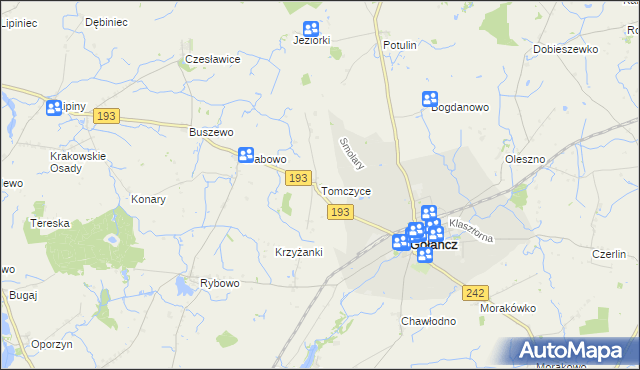 mapa Tomczyce gmina Gołańcz, Tomczyce gmina Gołańcz na mapie Targeo