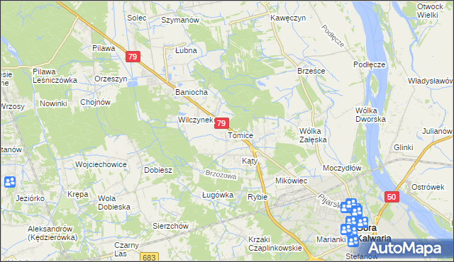 mapa Tomice gmina Góra Kalwaria, Tomice gmina Góra Kalwaria na mapie Targeo