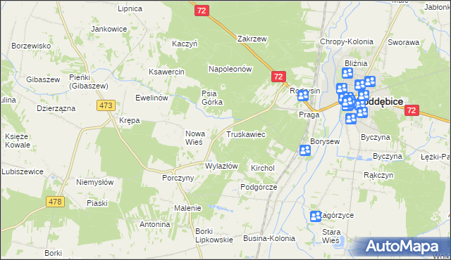 mapa Truskawiec gmina Poddębice, Truskawiec gmina Poddębice na mapie Targeo