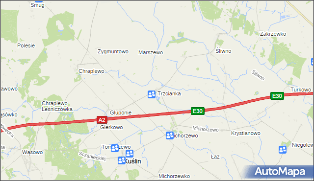 mapa Trzcianka gmina Kuślin, Trzcianka gmina Kuślin na mapie Targeo