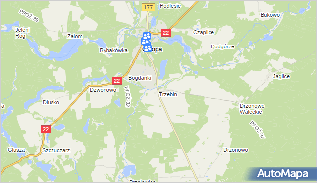 mapa Trzebin gmina Człopa, Trzebin gmina Człopa na mapie Targeo