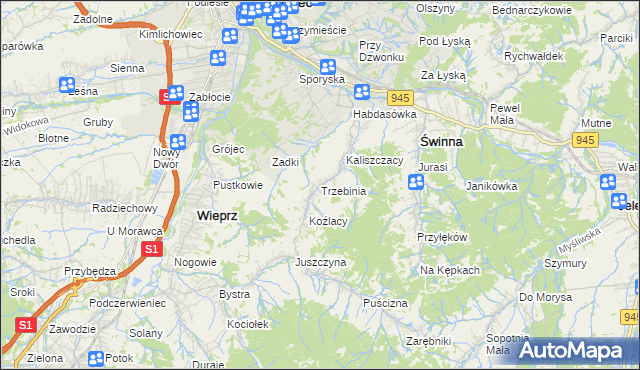 mapa Trzebinia gmina Świnna, Trzebinia gmina Świnna na mapie Targeo