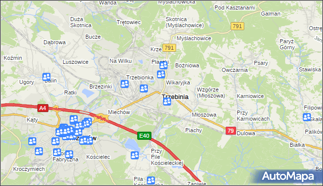 mapa Trzebinia powiat chrzanowski, Trzebinia powiat chrzanowski na mapie Targeo