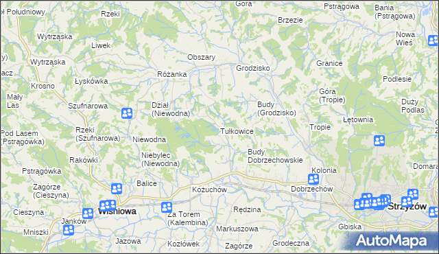 mapa Tułkowice gmina Wiśniowa, Tułkowice gmina Wiśniowa na mapie Targeo