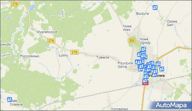 mapa Tylewice, Tylewice na mapie Targeo