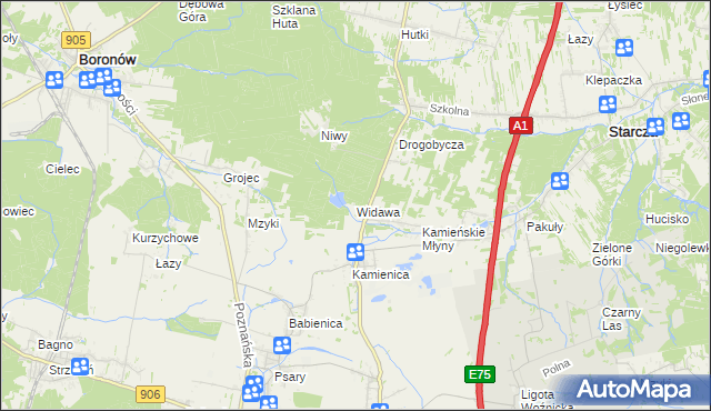 mapa Widawa gmina Woźniki, Widawa gmina Woźniki na mapie Targeo