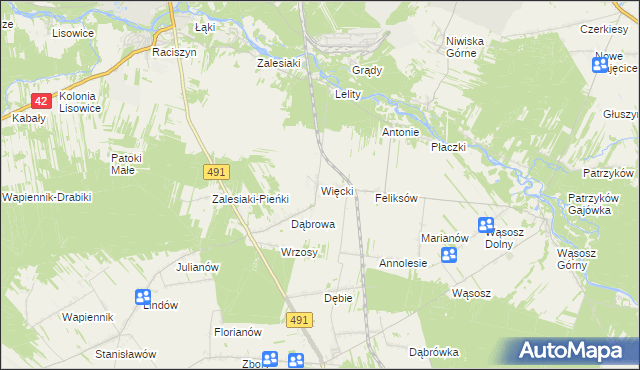 mapa Więcki gmina Popów, Więcki gmina Popów na mapie Targeo