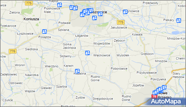 mapa Więckowice gmina Proszowice, Więckowice gmina Proszowice na mapie Targeo