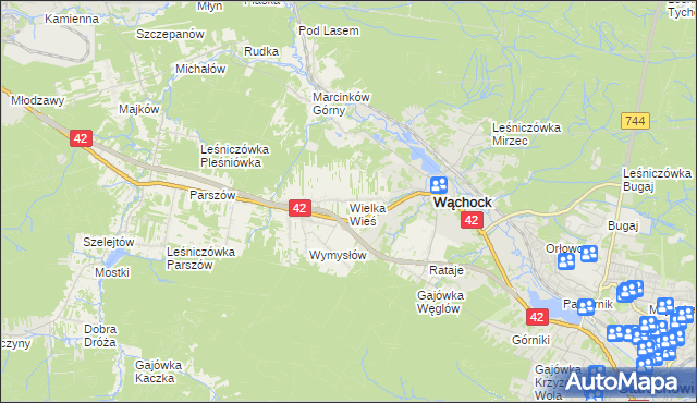 mapa Wielka Wieś gmina Wąchock, Wielka Wieś gmina Wąchock na mapie Targeo