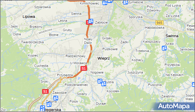 mapa Wieprz gmina Radziechowy-Wieprz, Wieprz gmina Radziechowy-Wieprz na mapie Targeo