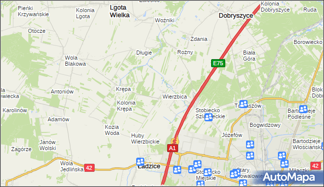 mapa Wierzbica gmina Ładzice, Wierzbica gmina Ładzice na mapie Targeo