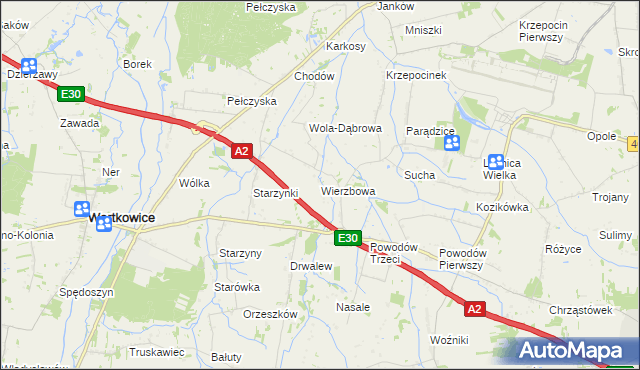 mapa Wierzbowa gmina Wartkowice, Wierzbowa gmina Wartkowice na mapie Targeo