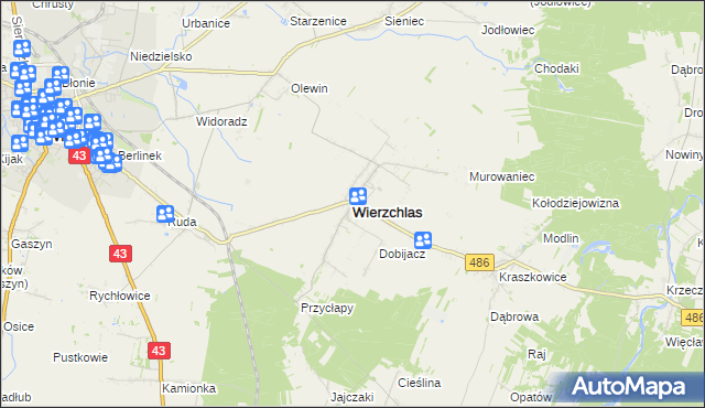 mapa Wierzchlas powiat wieluński, Wierzchlas powiat wieluński na mapie Targeo