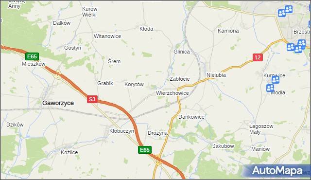 mapa Wierzchowice gmina Gaworzyce, Wierzchowice gmina Gaworzyce na mapie Targeo